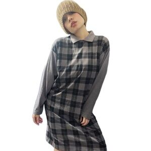 Vintage 1980s Plaid Gray Shirt Dress, One Size